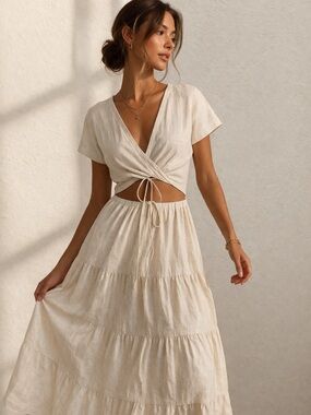 Moon River Cream Cutout Tie Front Midi Dress Linen Look Flowy Size S